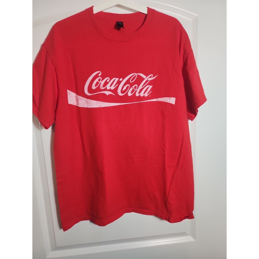 VTG Coca Cola Red T-Shirt Men’s Sz L Spell-Out Beverage Solid Distressed